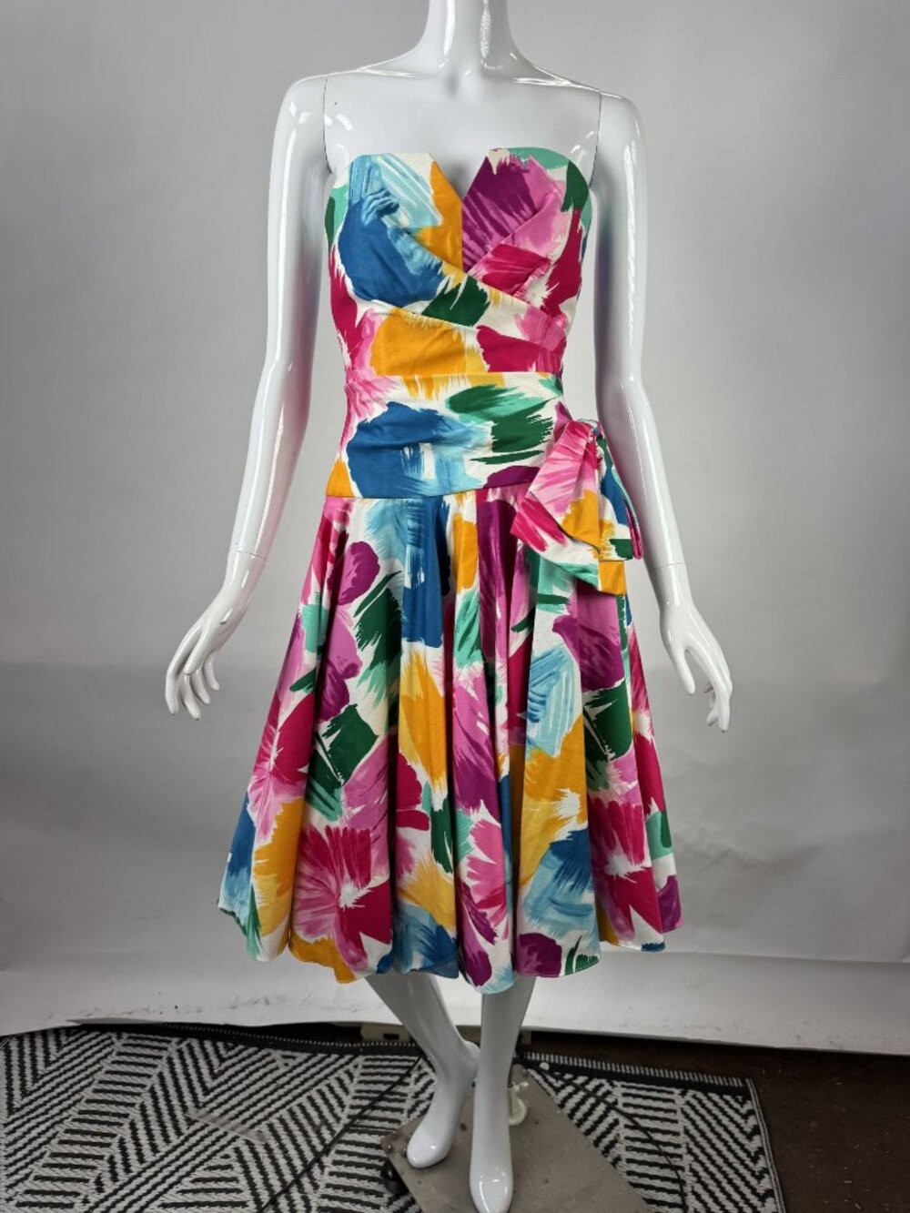 80s Strapless Multicolor Floral Cotton Dress Size 8 Cotton